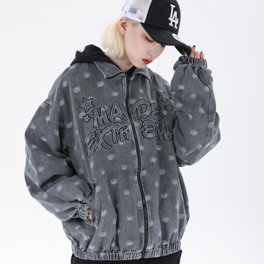 

2021 New Woman/men's Clothes Letter Embroidered Denim Jacket Street Fashion Rock Hip Hop Casual Loose Comfortable Harajuku Streetwear Atio, Black