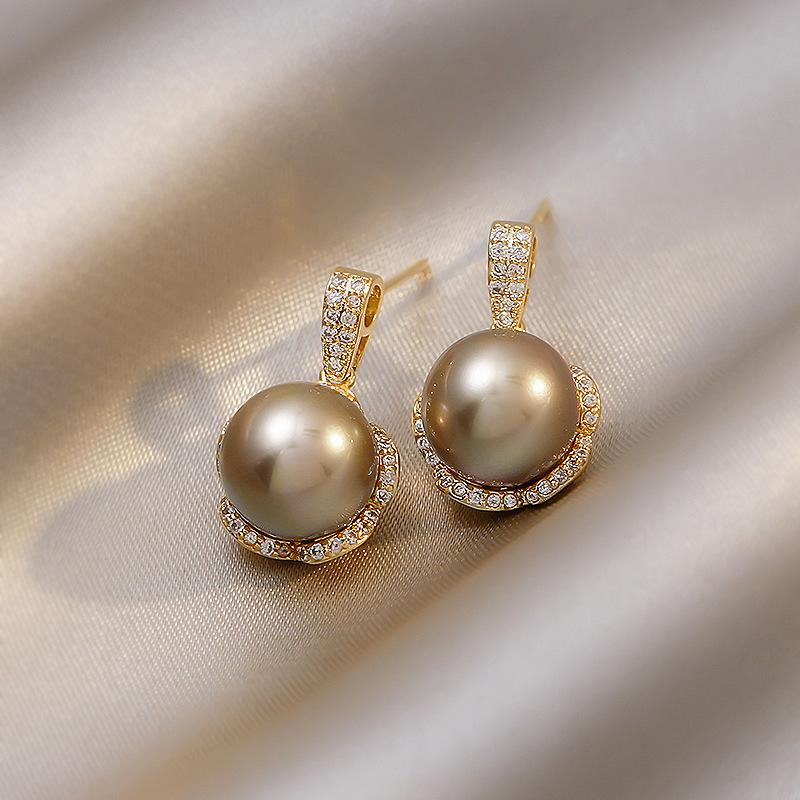 Stud Champagne Pearl Earrings For Women Mosaic Rhinestone Female Retro Simplicity Jewelry Trendy Elegant Ear Studs Gift-image-711745467