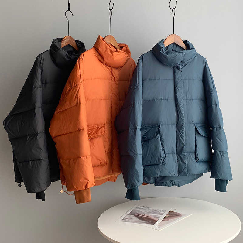 

Winter White Duck Down Jacket Women's Stand Collar Long Sleeve Loose Student Short Thick Bread Puffer Coat 210607, Blue