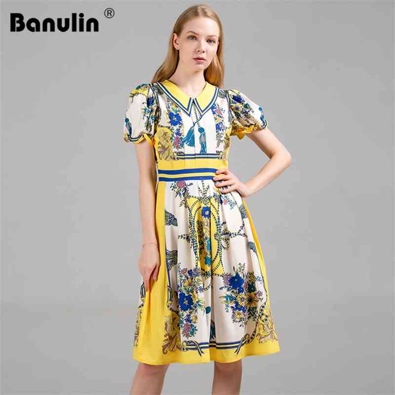 

Banulin Vintage Flower Print Summer Dress Women's Peter Pan Collar Puff Sleeve Runway Pleated Midi vestidos mujer 210603, Yellow