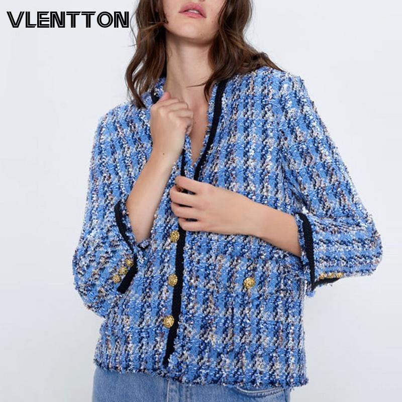 

Spring Autumn Vintage Blue Plaid Tweed Jacket Coat Female Chic Button V-Neck Jackets Outwear WomanTops Chaqueta Mujer1, Black;brown