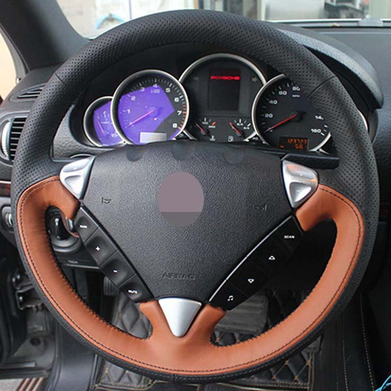 

Car Steering Wheel Cover Non-Slip Hand-Stitched Car Steering Wheel Covers Black Genuine Leather For Porsche Cayenne 2006-2009