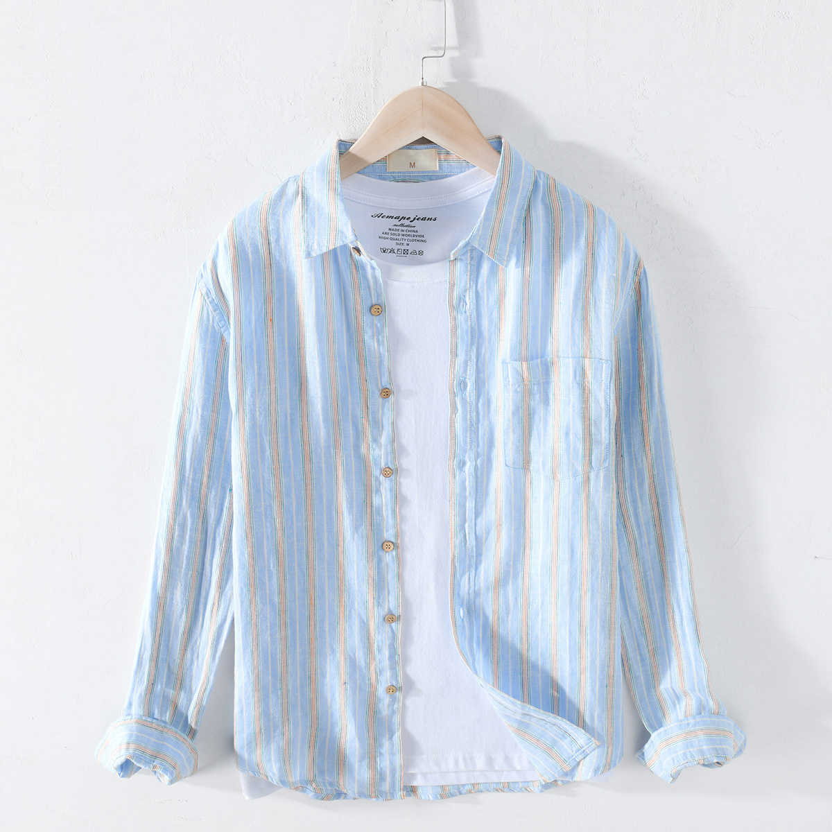 

100% Pure Linen Long Sleeve Shirts for Men Vertical Striped Breathable Turn-down Collar Tops Male Fashion Casual Hemp Shirt 210601, Gray