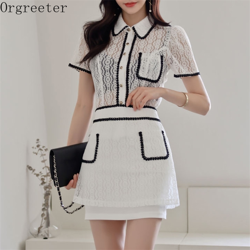 

Sexy Perspective Lace Two piece Set Women Summer Elegant OL Lapel Short sleeve Shirt Blouse and Bodycon Skirt Suits 210602, White