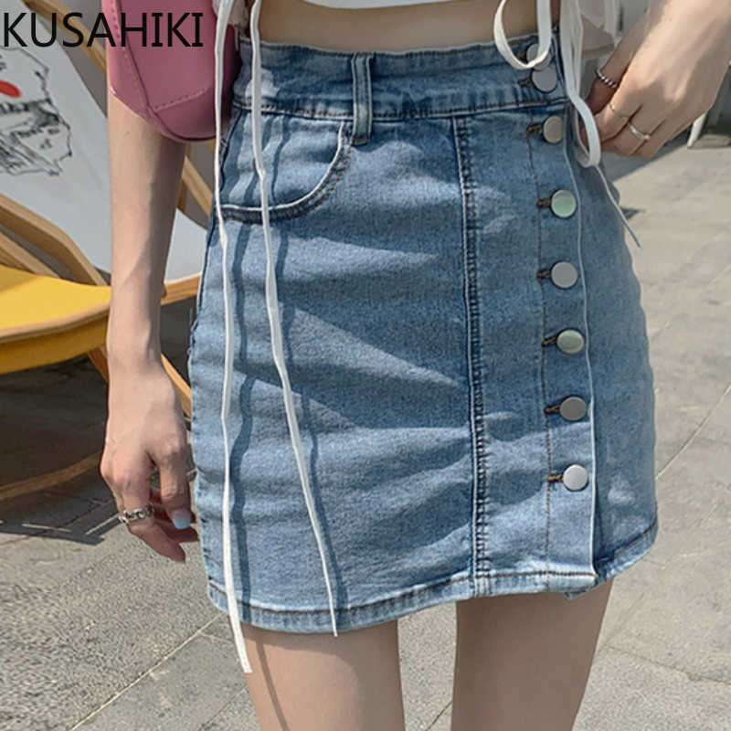 

KUSAHIKI Vintage Single Breasted High Waist Jeans Skirt Causal Sexy A-line Mini Wimen Skirts Summer Faldas Mujer 6H034 210602, Blue