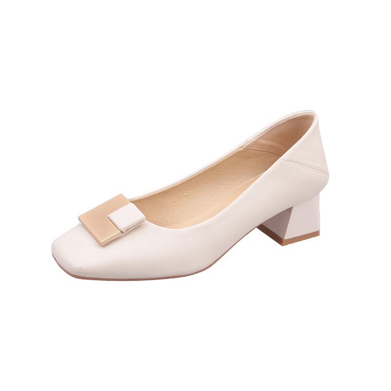 

Dress Shoes Simple Style Square Buckle Thick Heel Soft Leather Mid-heel High Heels Women's Toe, Gray