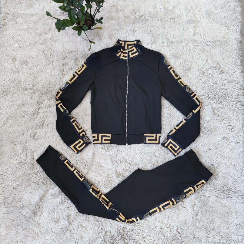 Tracksuits Women Elegant Two-Pieces Suit Female Stylish Plus Size Greek Fret Print Coat & Pant Zip Sets Joggers-image-874777509