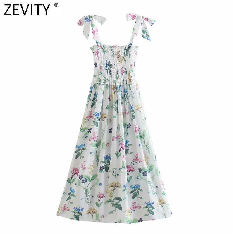 

Zevity Women Fashion Floral Print Elastic Pleated Sling Dress Female Bow Tie Strap Vestido Chic Casual Summer Dresses DS8305 210603, As pic ds8305ww