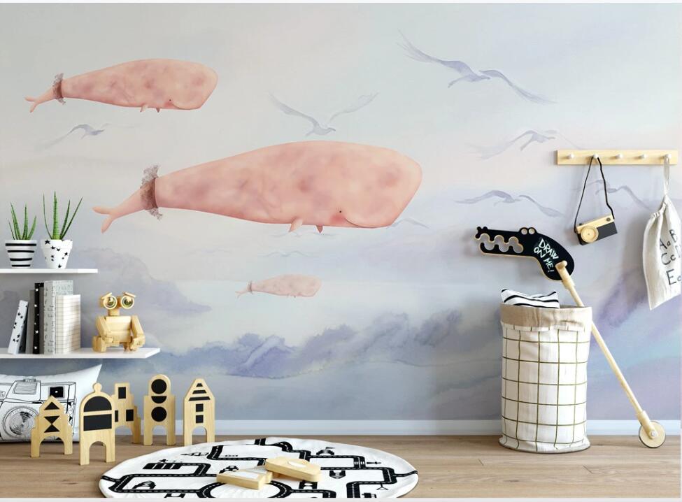 

XUE SU Large custom mural wallpaper hand-painted cartoon sky seaside whale background wall covering decorative painting, Silk material