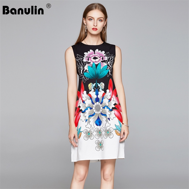 

Banulin Fashion Designer Elegant Summer Dress Women Sleeveless Vintage Multicolor Flowers Print A-Line Short Mini Dresses 210603, Black