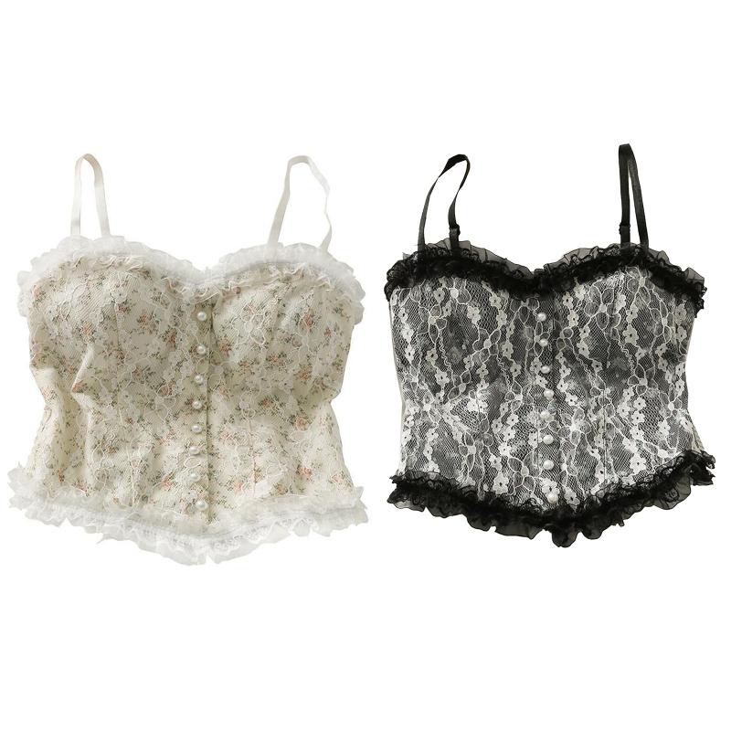 

Women's Tanks & Camis 066C Lace Camisole Ladies Floral Vintage Crop Cami Top Tank Pearl Vest Stretchy Sleeveless Sexy, White