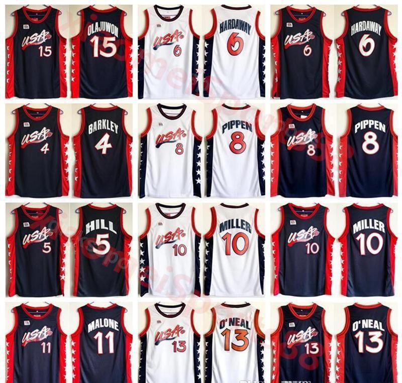

1996 US Basketball Jersey Dream Three 4 Charles Barkley 5 HILL 10 MILLER 6 Penny Hardaway 8 Scottie Pippen 15 Hakeem Olajuwon American, As shown in illustration