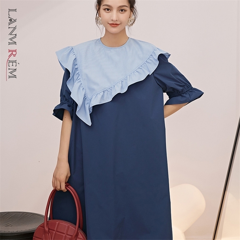 

Women Navy Blue Big Size Ruffles Patchwork Dress Round Neck Short Sleeve Loose Fit Fashion Summer 2E1565 210526