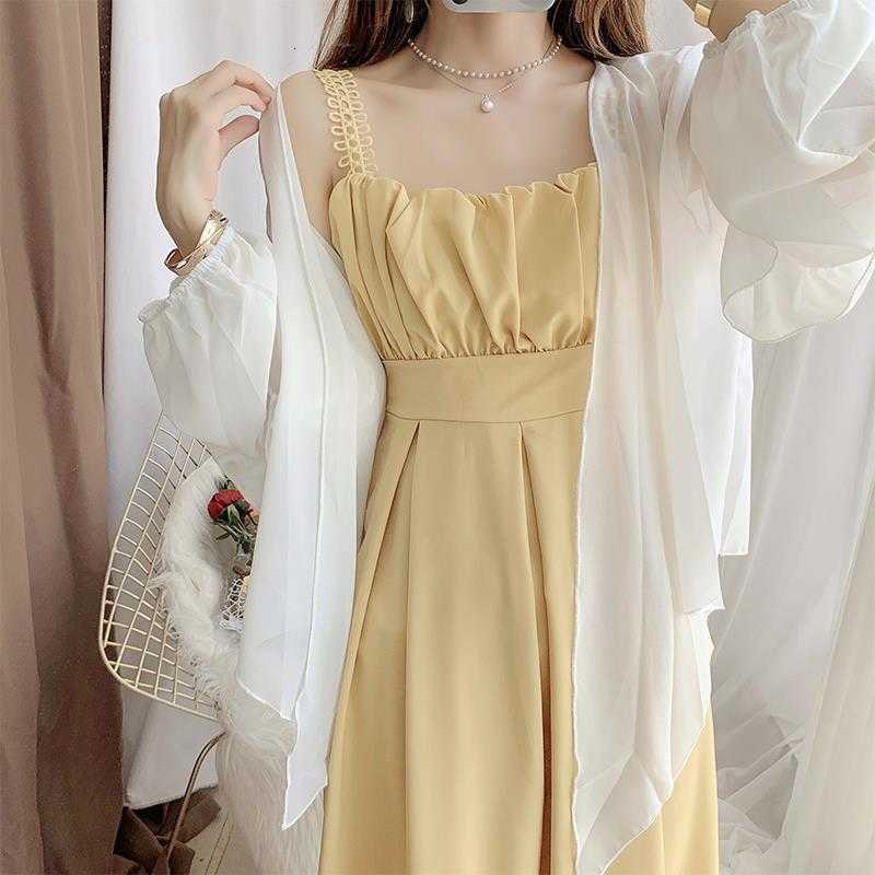 White Chiffon Shirt Long Sleeve Sunscreen Cloth Suspender Lady Drs Fashion Wtern Style Age Reduction Two Piece Suit Skirt-image-702005466