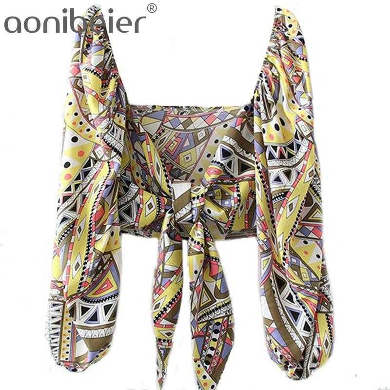 

Summer Long Sleeve Thin Women Blouses Geometric Print Puff Open Front Lace-Up Crop Tops Female Casual Holiday 210604