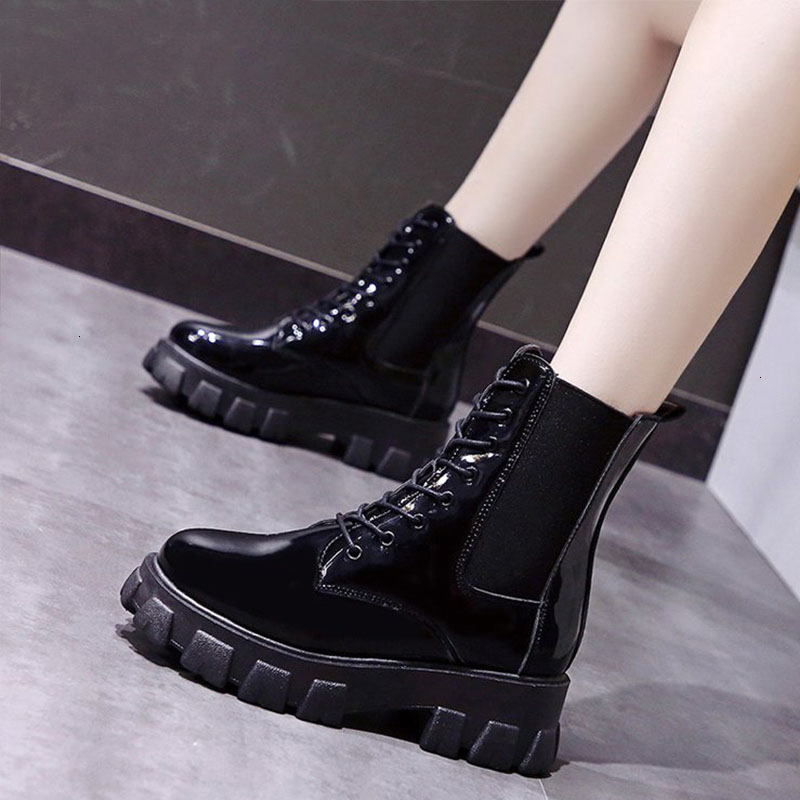 

2021 Autumn Ankle Thick Zip Patent Leather Shoes Women Botas Mujer Lace Up Short Boots New Fashion 9ot4 UJBP, Black