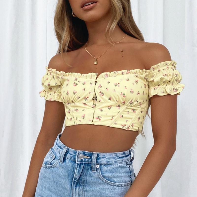 

Women' Blouses & Shirts Women Fashion Stylish Shirt Summer Solid/Floral Printing Off Shoulder Buckle Back Zipper Corset Crop Tops Sexy Club, Black