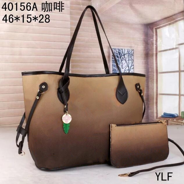 

2pcs set high qulity classic Designer womens totes handbags flower ladies composite PU leather clutch shoulder bags female purse with wallet, Coffee