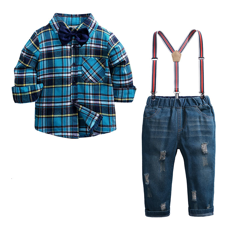 

2021 New Spring Autumn Kids Set Toddler Boy Clothes Cotton Long Sleeve Plaid Shirt+jeans Fashion Children Clothing 22gl, Blue