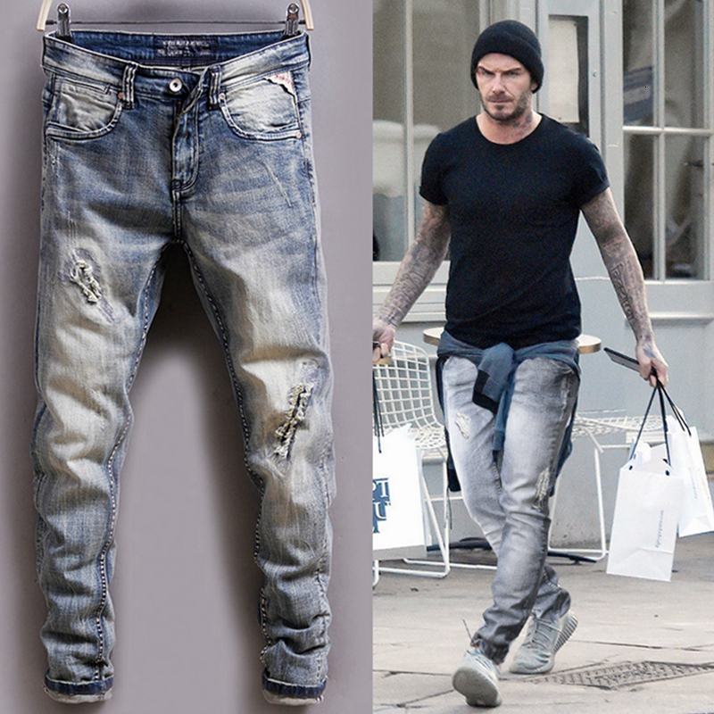 

2021 New Fashion Streetwear White Wash Light Blue Slim Fit Ripped Men Destroyed Biker Pants Designer Hip Hop Jeans Hombre Ark7