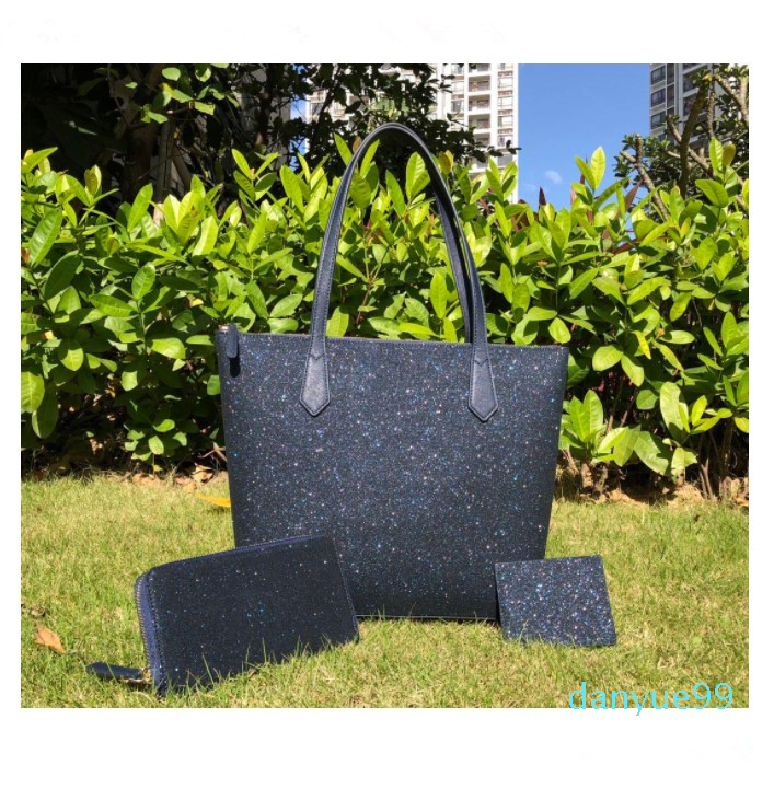 

luxury designers bags women full larger glitter crossbody+wallets+card holder sets glitter family large shoulder bag purses handbag, 3 pcs set - navy blue