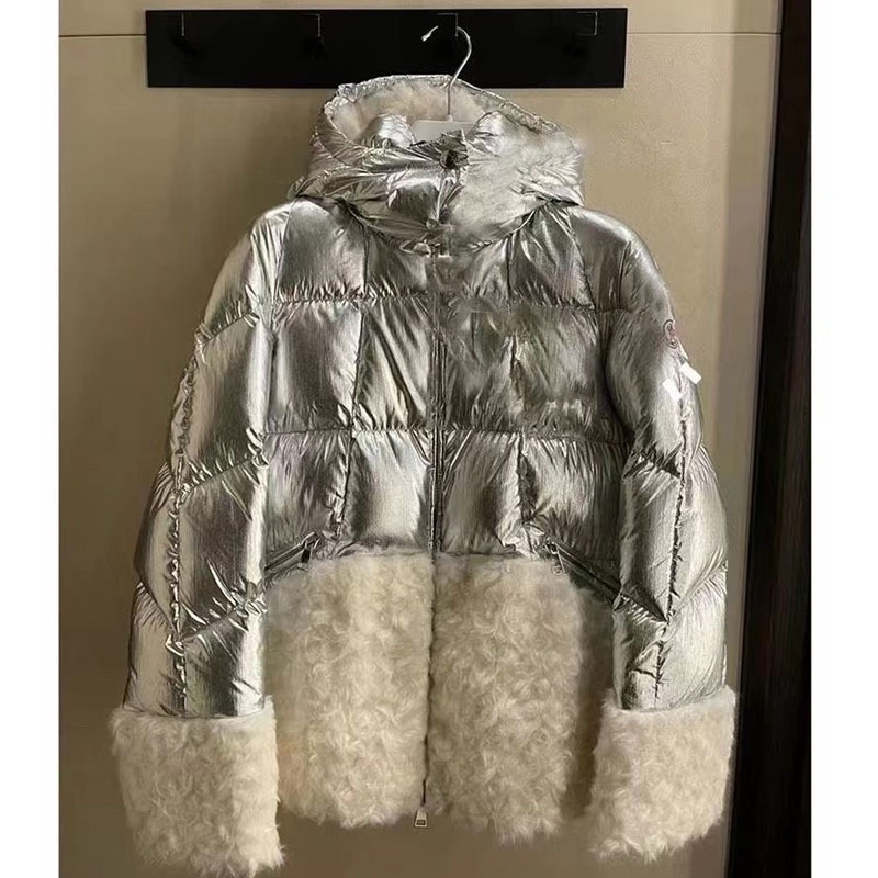 

Aw21 new lamb wool stitched down jacket detachable hooded silver shiny