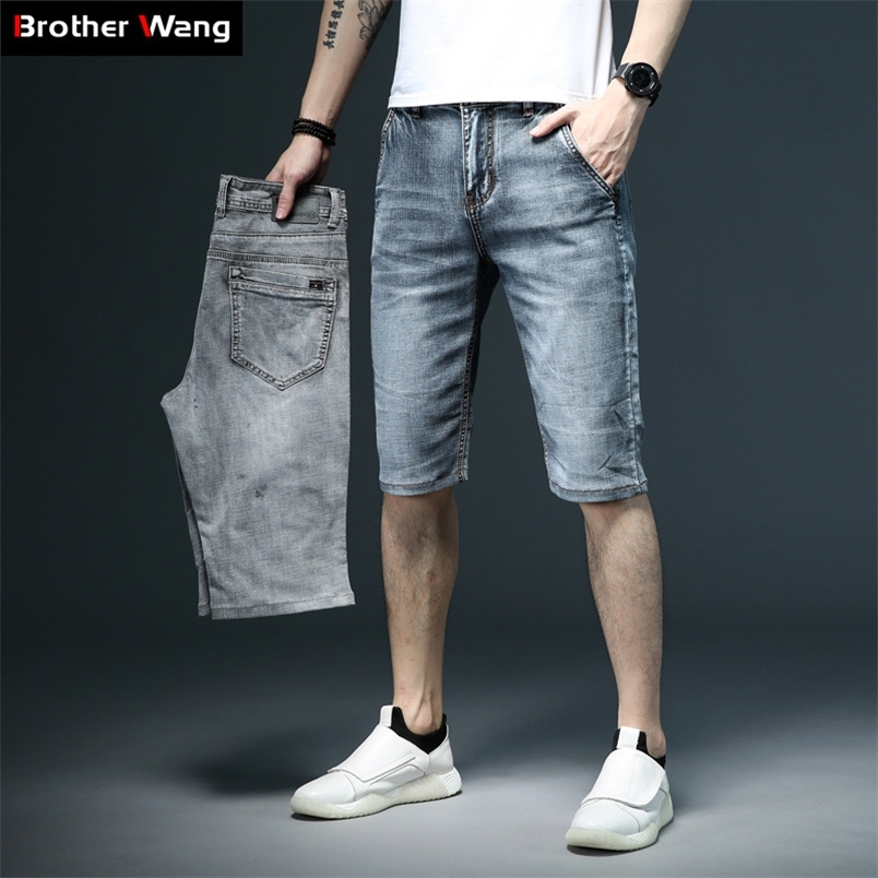 

Summer Men's Slim Fit Short Jeans Fashion Cotton Stretch Vintage Denim s Grey Blue Pants Male Brand Clothes 210629, Light blue