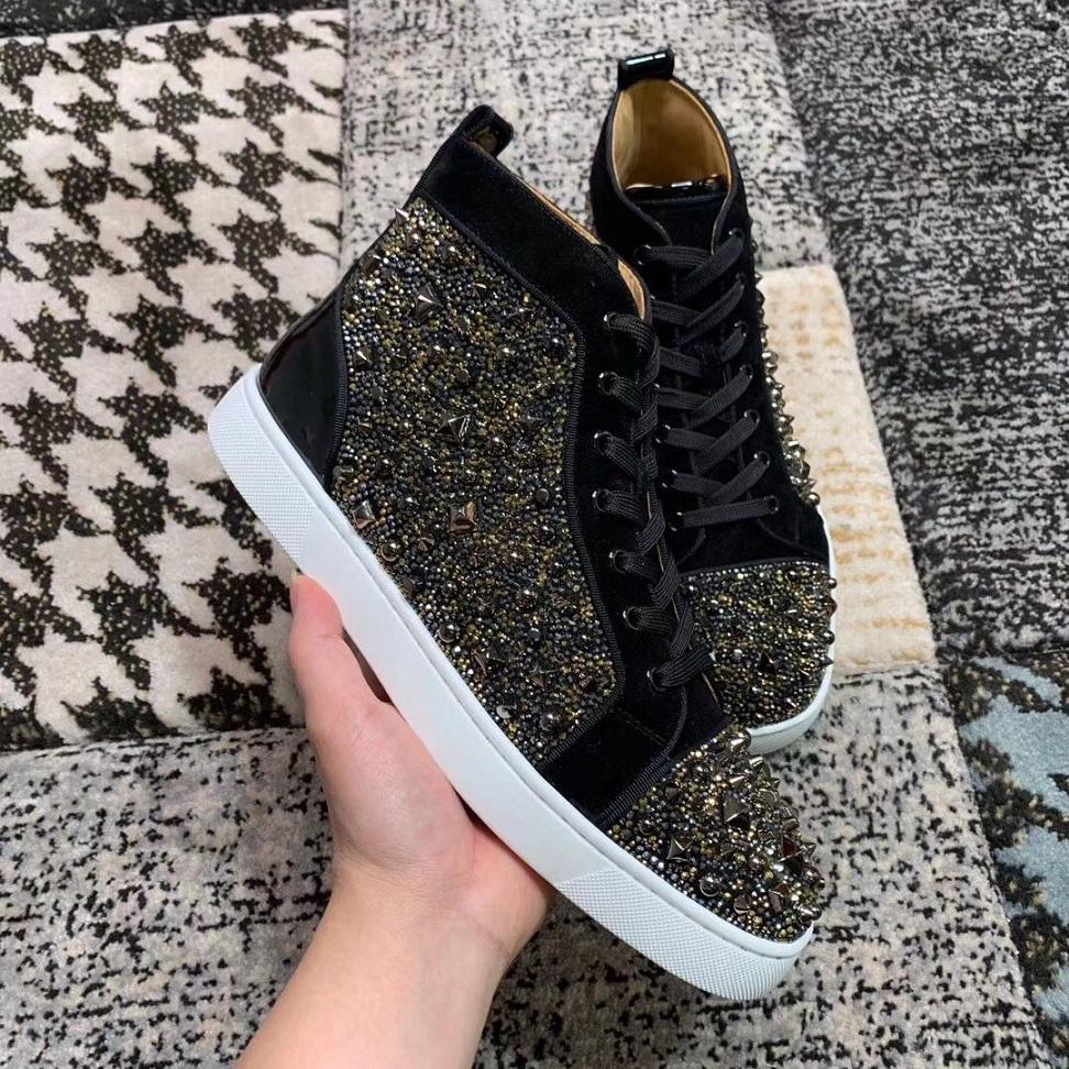 

[Originals Box] Spikes & Strass High Top Women Casual Shoes Men Red Bottom Sneakers Outdoor Skateboard Walking Luxury Party Wedding With Box,EU47