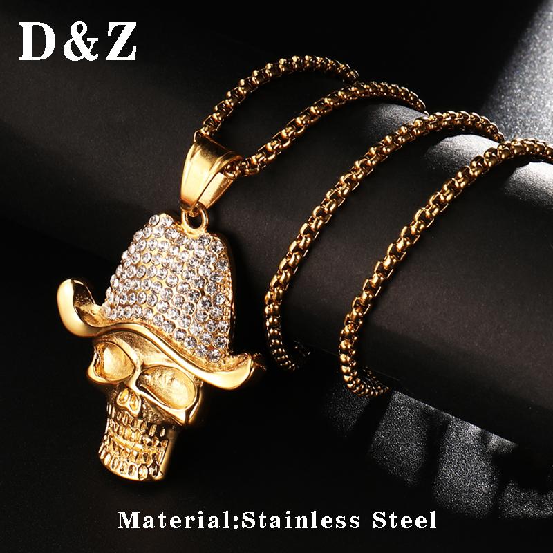

Pendant Necklaces D&Z Personality Skull With Rhinestone Hat Shape Necklace Men Gold Color Stainless Steel Hip Hop Colares