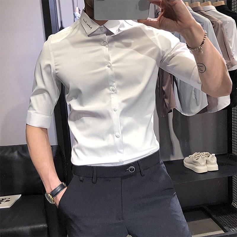 

Men's Casual Shirts Summer 2022 Mens Korean Style Slim Turn-Down Collar Concise Fashion Business Shirt Vintage Outdoor Male Blouse, Black