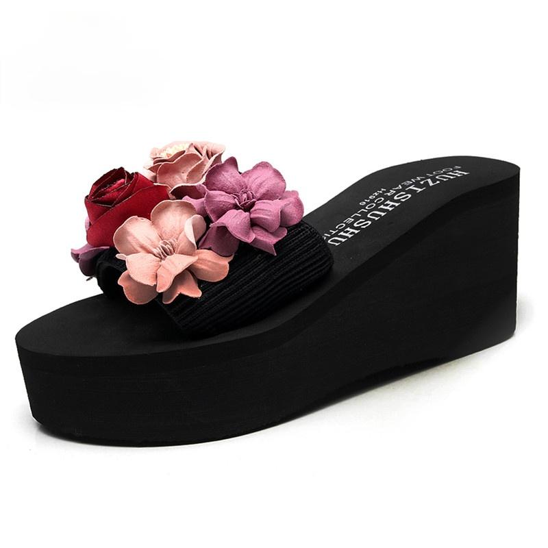 

Slippers Summer Ladies Bow Sandals Indoor Outdoor Herringbone Wedges Thickened Soft Drag Beach Fashion Female Casual Flower Funny Shoes, 3cmblue