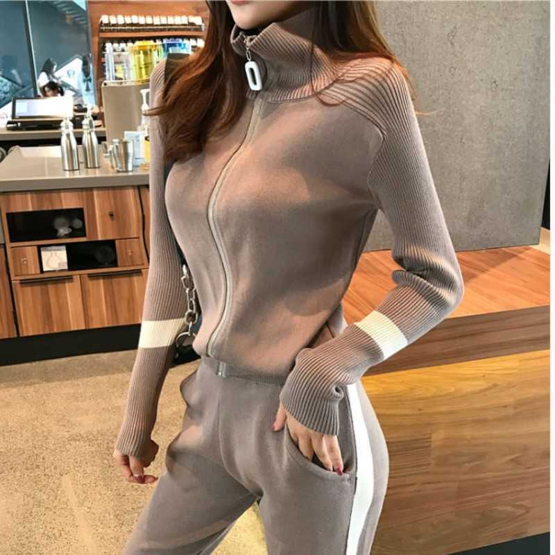 

Autumn Winter Knitted Tracksuits Turtleneck Long Sleeve Zipper Knit Cardigans+Pencil Pants Women Fashion Slim Trousers Set 210526, Picture color