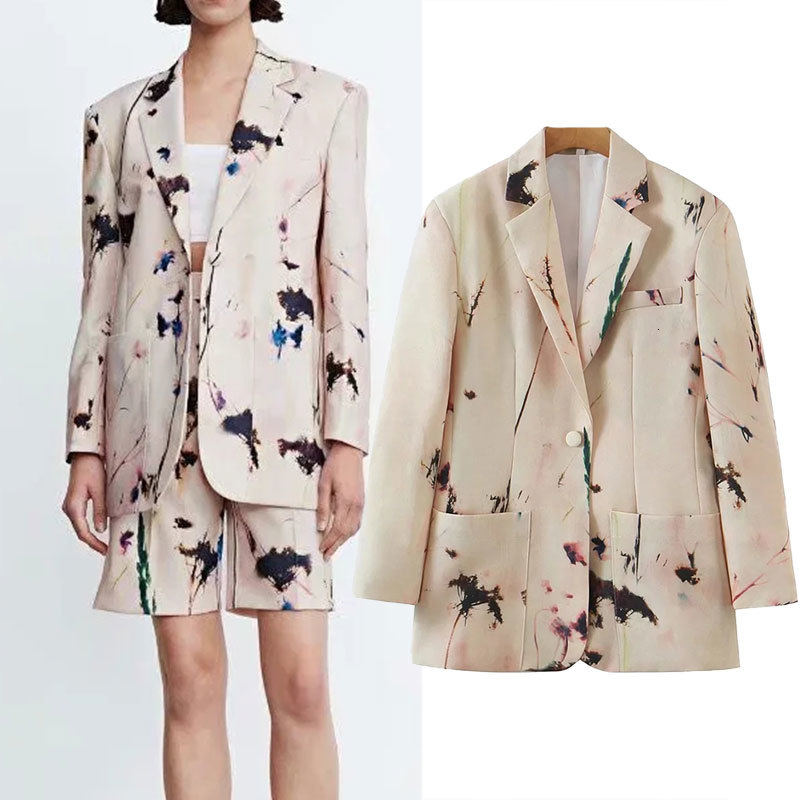 

women's suits & blazers summer blazer za fashion korean printing sleeve long single office jacket button of the female vintage outerwea, White;black