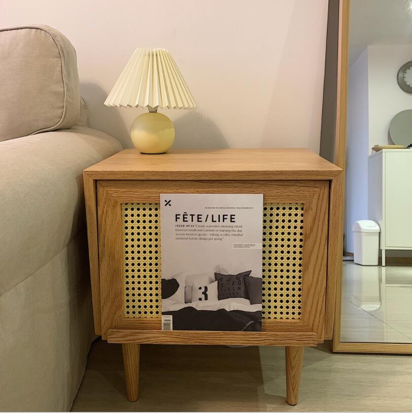 Nordic solid wood bedside table Bedroom Furniture hotel rattan storage cabinet small family simple magazine cabinets-image-663174919