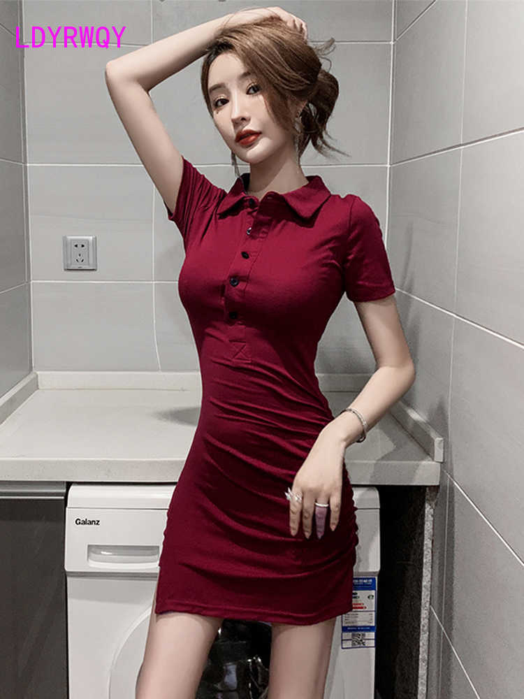 

Short-sleeved waist slimming sexy slim irregular tight-fitting hip dress Office Lady Polyester Solid Turn-down Collar 210603, Burgundy