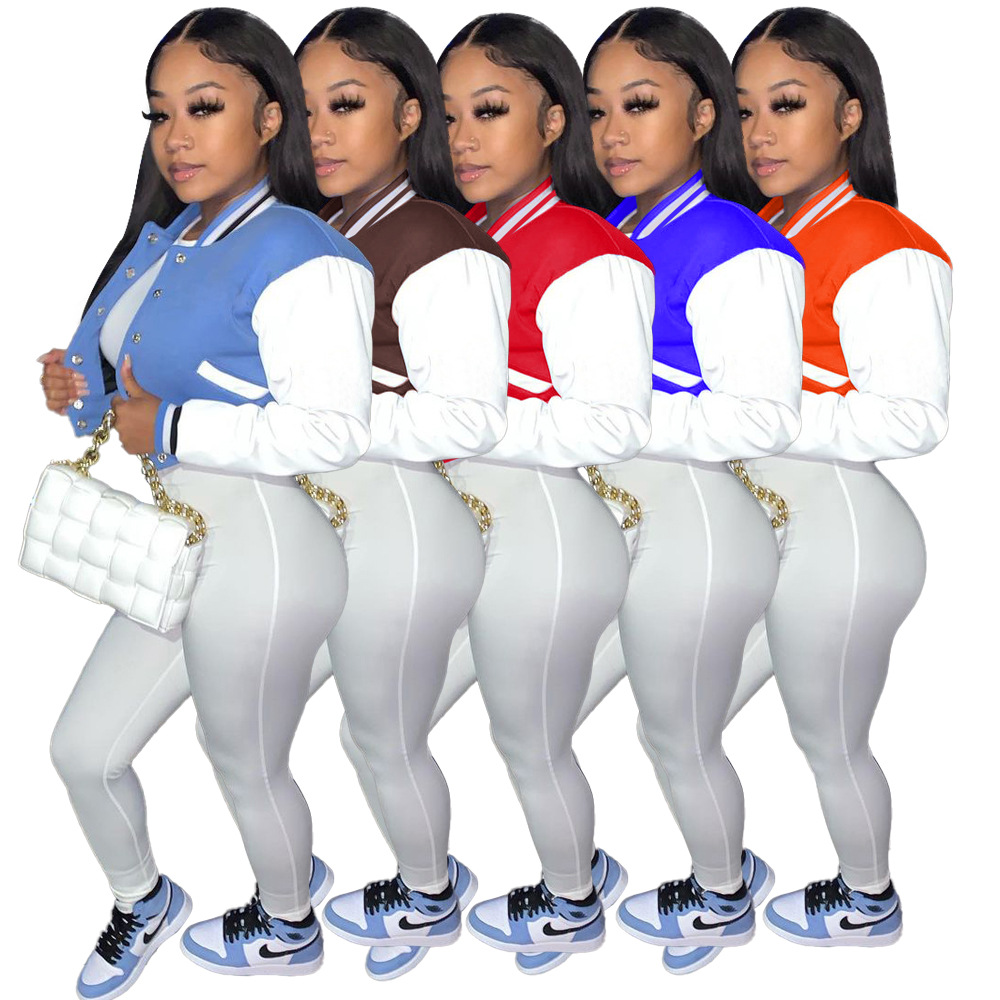 

Fashion Brown Baseball Fall Jackets For Women Splicing Button Crop Top Coat Street Casual Red Varsity Bomber Jacket, Blue