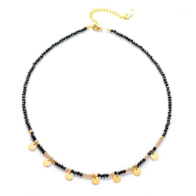 

Chains Stainless Steel Black Crystal Glass Beads Gold Coin Tag Pendant Necklace Delicate Women Jewelry Gift For Him