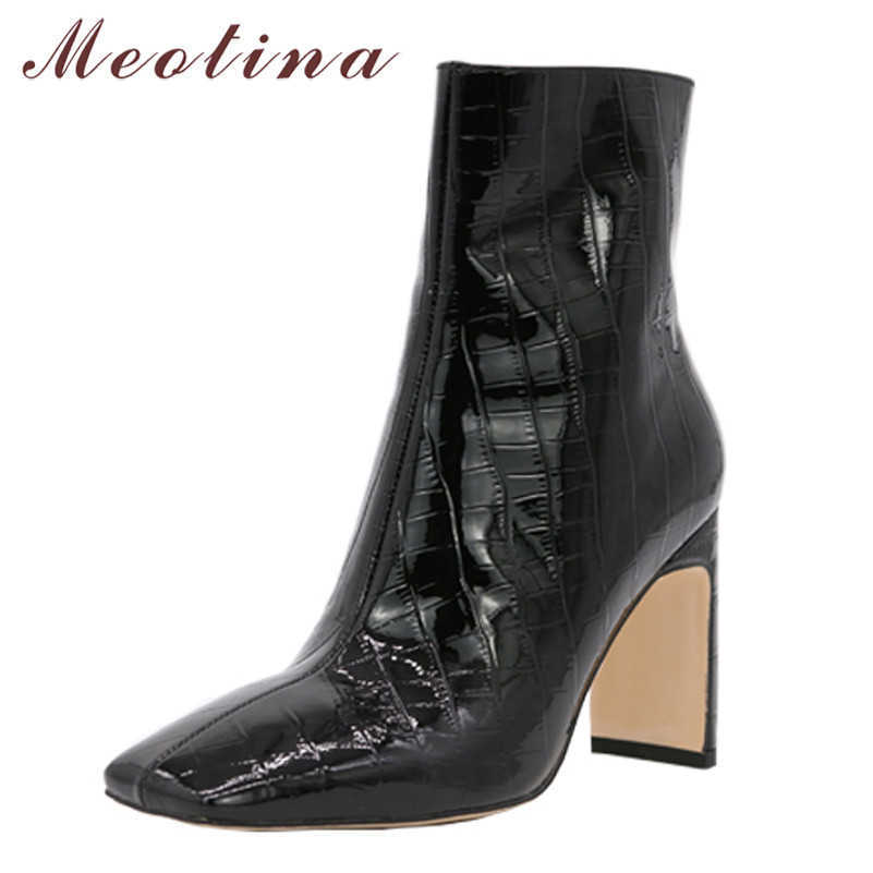 

Meotina Women Mid-Calf Boots Shoes Genuine Leather Super High Heel Boots Square Toe Chunky Heels Zip Short Boots Lady Black 40 210608, Black synthetic lin