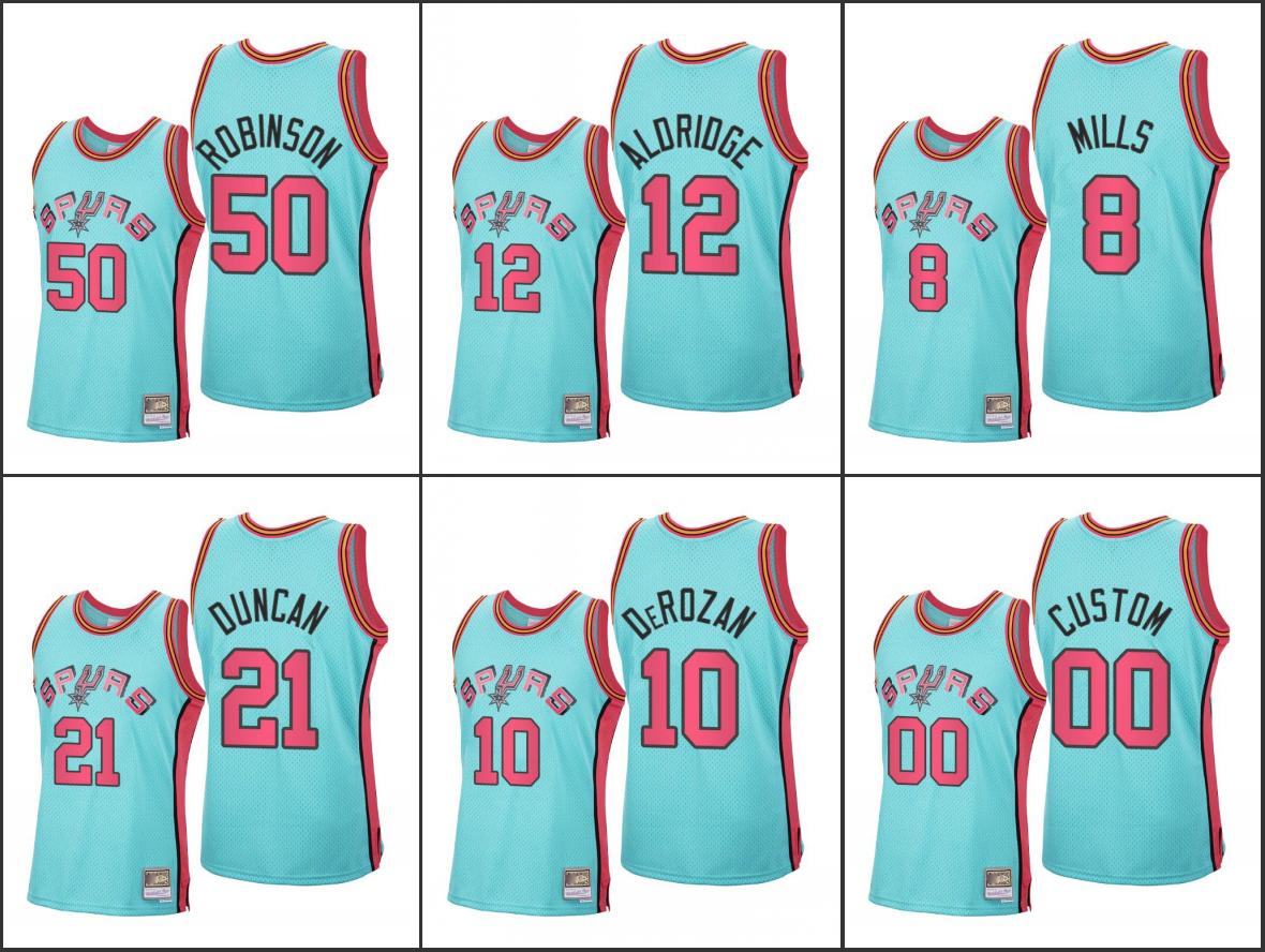 

San Antonio Spurs David Robinson DeMar DeRozan Tim Duncan Patty Mills NBA 2020 Reload Hardwood Classics Custom Blue Jersey, Black;red
