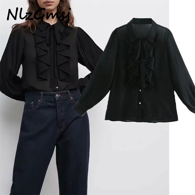 

Blouse Women Fashion Pleated Long Sleeve Top Female Chic Bow Tied Collared Button-Up Shirt 210628, Black