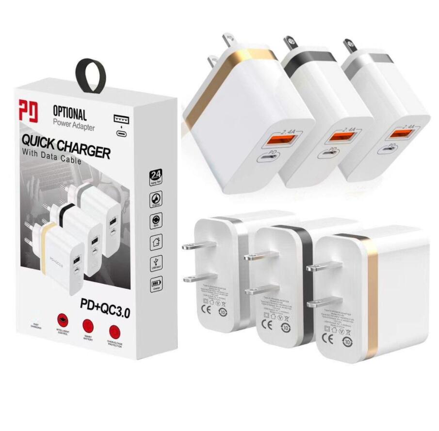 

Universal Dual Ports Type c USB-C Eu US Wall Charger PD Power Adapter 2.4A For Samsung Xiaomi Android phone With Retail Box