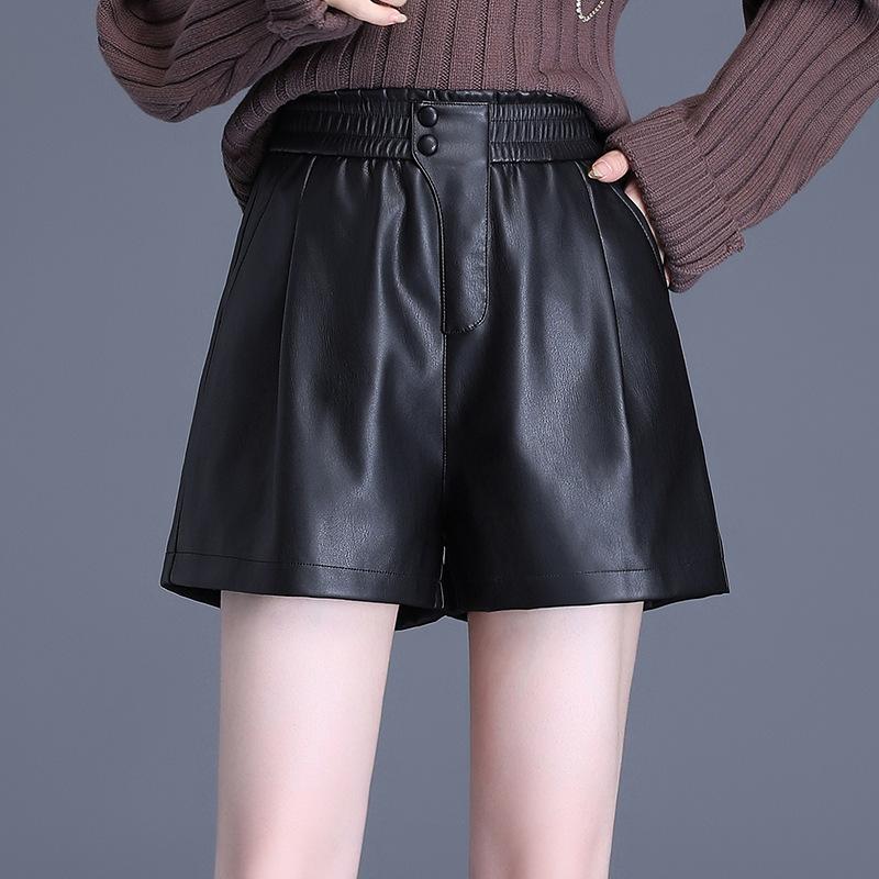 

Women's Shorts Autumn Winter Fashion Black PU Leather Wide Leg Women Elastic High Waist Plus Size Casual Loose Biker Boot 9911