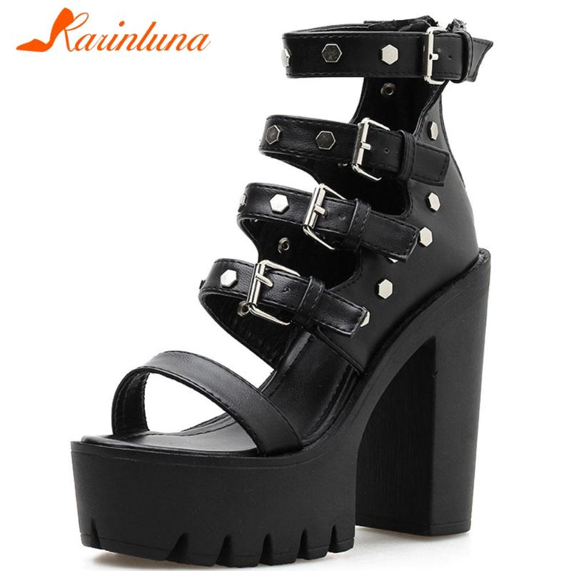 

KARIN Roman 2021 Female Rivet Punk Sandals Platform Square High Heels Buckle Women Sandals Fashion Summer Women Shoes, Black