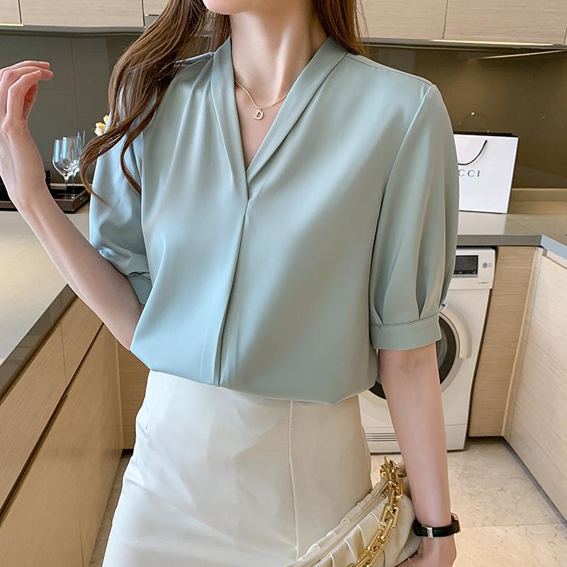 

Women' Blouses & Shirts Mint Green 2021 Summer Short Sleeve Satin Texture Loose Casual V-Neck French White Shirt Women Plus Size Tops Ladie
