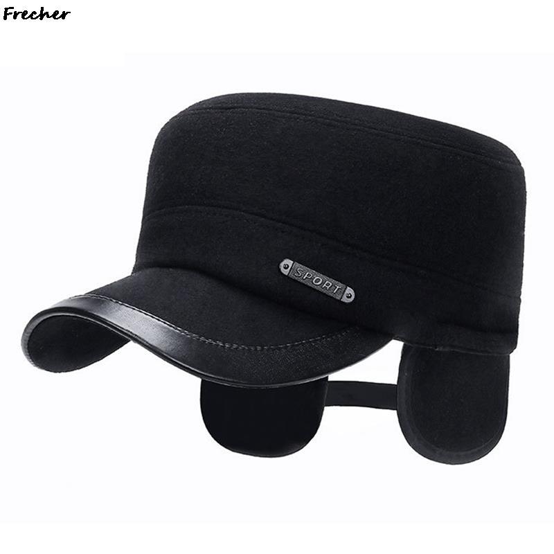 

Berets Top Level Earflap Military Hat For Men Vintage Flat Cap Thicken Cotton Winter Caps Male Cadet Army Hats Man Warm Gorras, Black