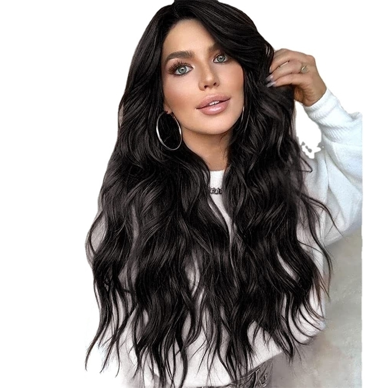 

head Women's long curly set big wave small lace fluffy water wavy wig, #1b