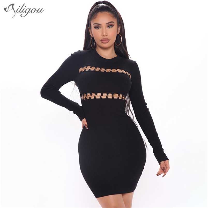 

Sexy Hollow Chain Bandage Dress Women Bodycon Long Sleeve Mini Club Party Wear Summer Vestidos 210525, Black