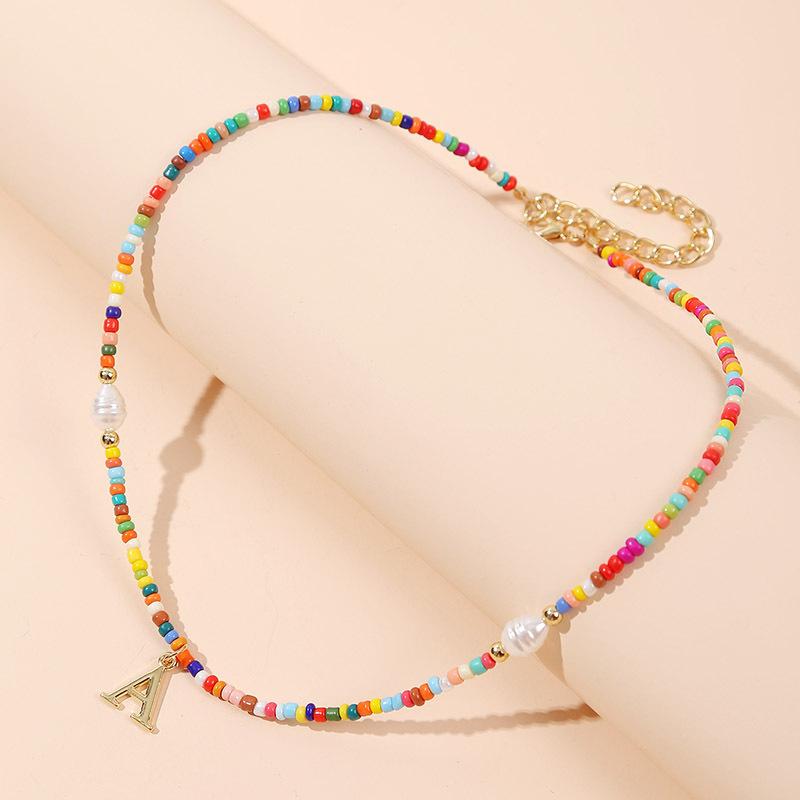 

Pendant Necklaces Colorful Beads Chain Collar Necklace For Women Initial Letter A Choker Women's Short Neck Chains Summer Jewelry, Silver
