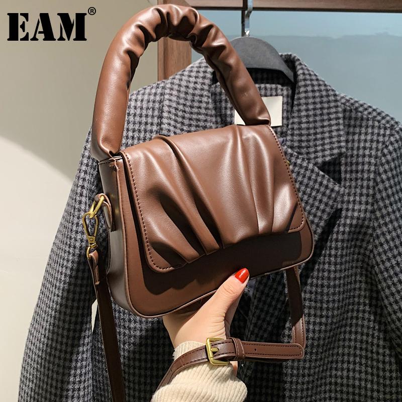 

[EAM] Women New Wrinkled Handle PU Leather Flap Personality All-match Handbag Crossbody Shoulder Bag Fashion Tide 2021 18A1603, Black