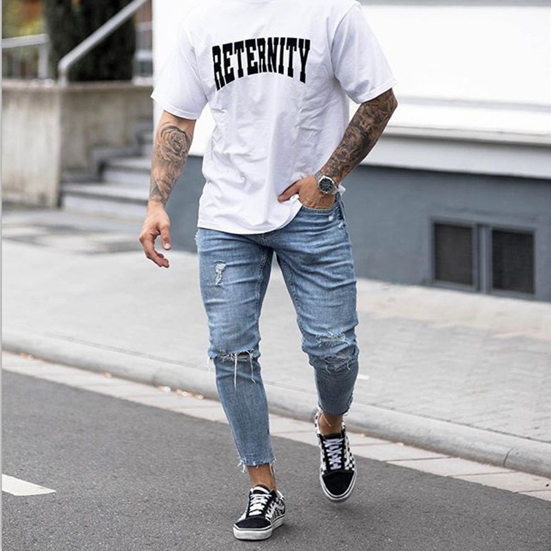 

2021 New Hole Fashion Men Wear Nine-point Trousers Pencil Ripped Casual Solid Classic Straight Denim Designe Oyej, Blue